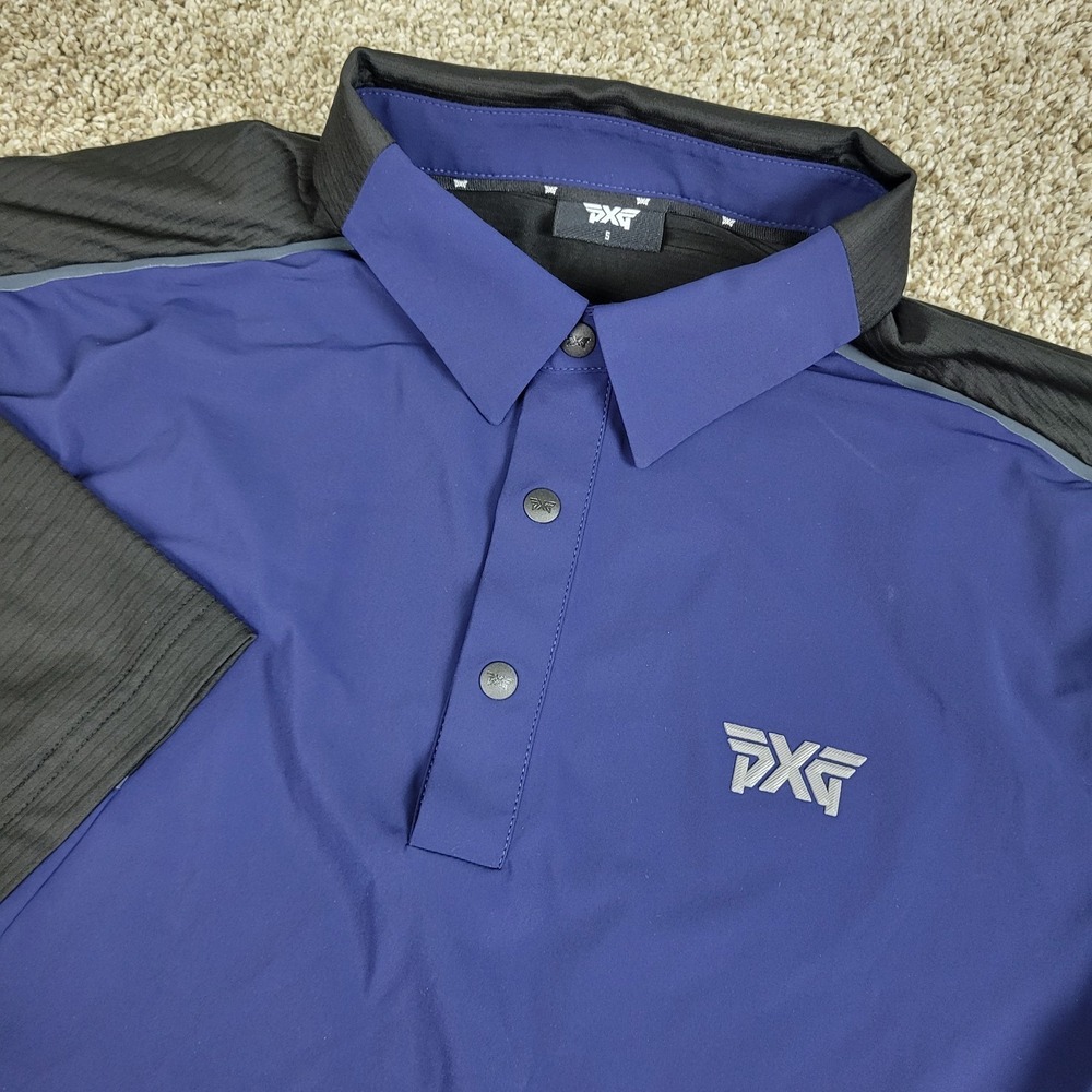 PXG Mens Small Blue Black Performance Stretch Snap Button Golf Polo SS